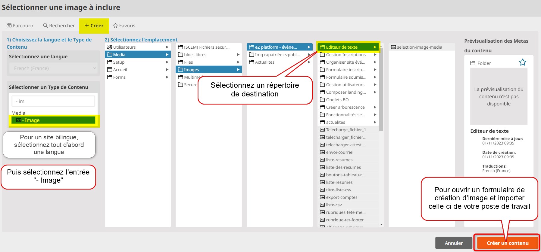 Navigateur de contenus : sélectionner le répertoire de destination d'une image