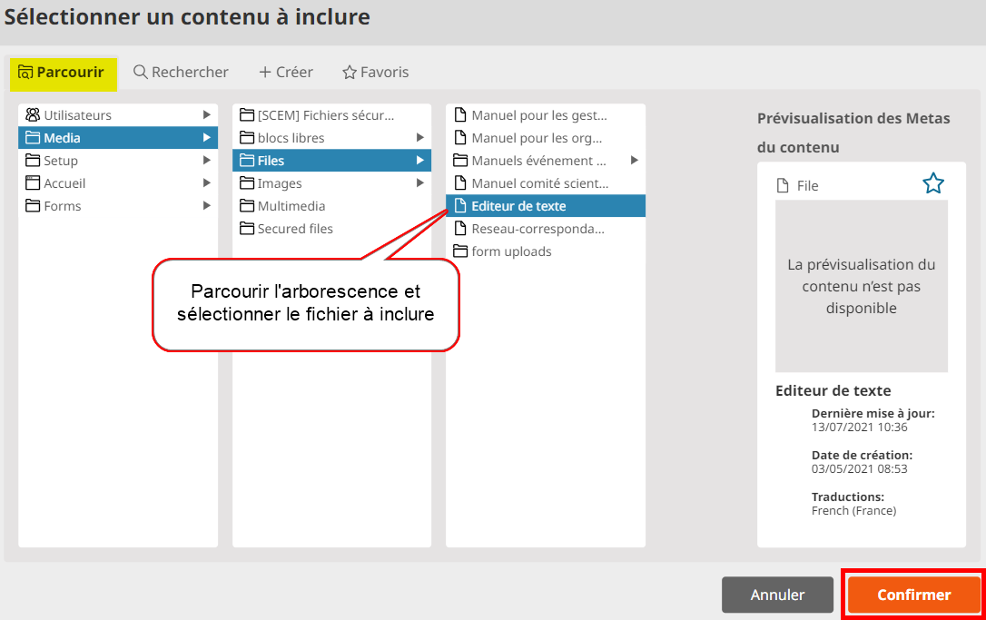 Sélection d'un fichier dans le navigateur de contenus