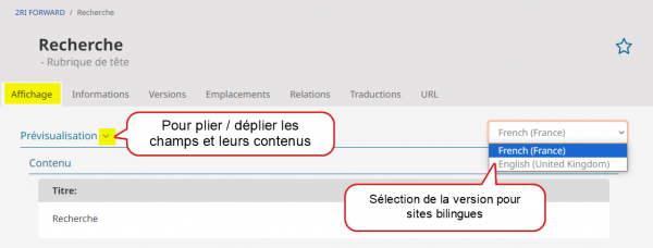 Visuel du back-office pour la fonctionnalité prévisualisation