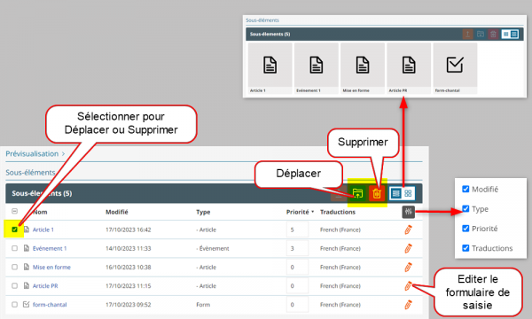 Visuel présentant les actions possibles dans la partie sous-éléments