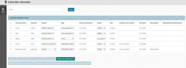 Tableau de liste des résumés